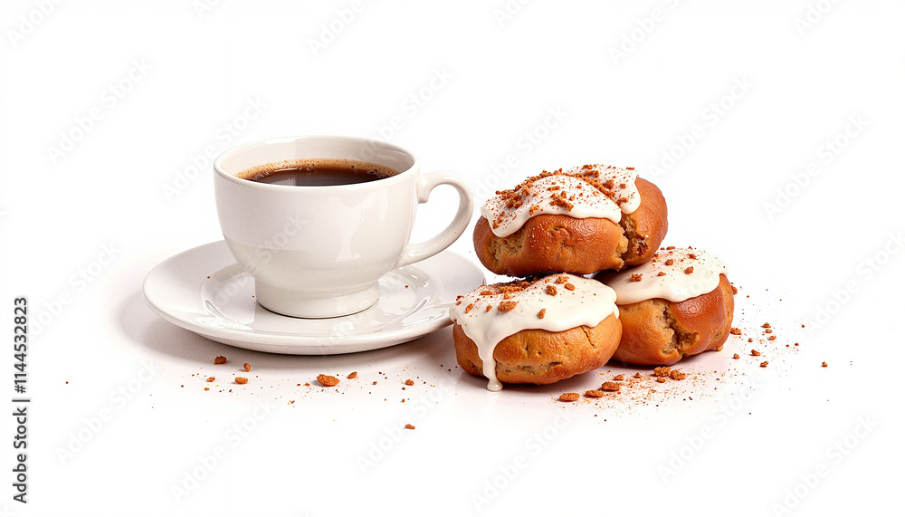 Coffee cup with cream-topped sweet rolls on white background, copy space, trendy pastry photography Coffee cup with cream-topped sweet rolls on white background, copy space, trendy pastry photography