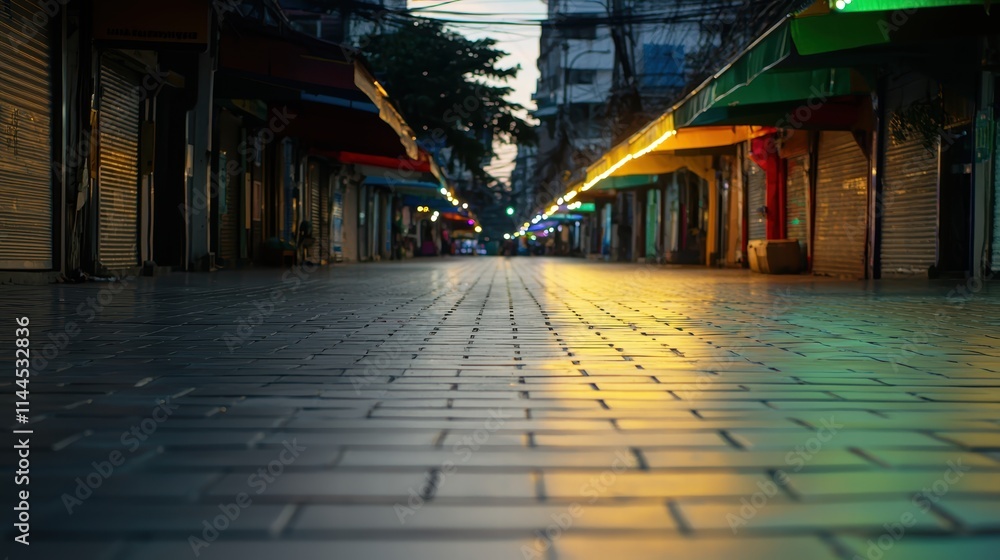 Fototapeta premium Colorful Lights Illuminate Night Market Scene with Empty Streets and Calm Atmosphere