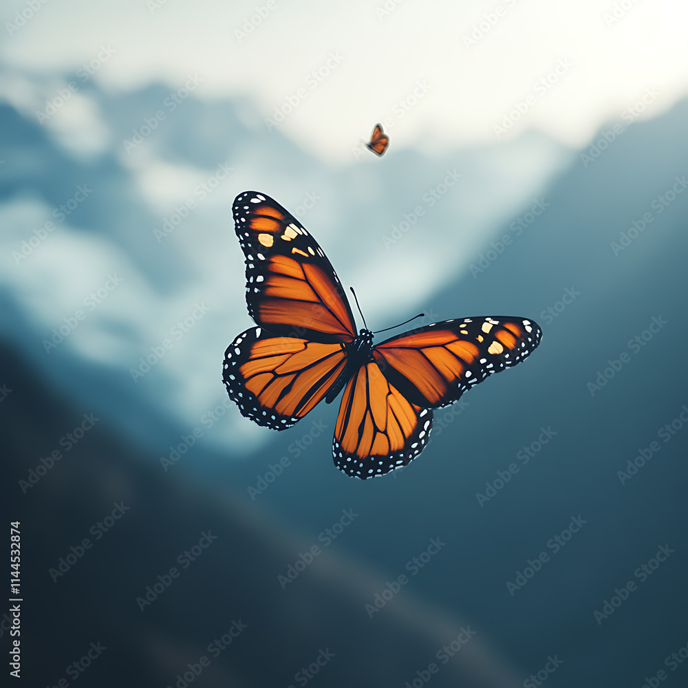 Fototapeta premium Majestic Butterflies Soaring Above Mountain Ranges, Capturing the Beauty of Nature's Flight in Soft Focus Amidst Stunning Scenic Landscapes