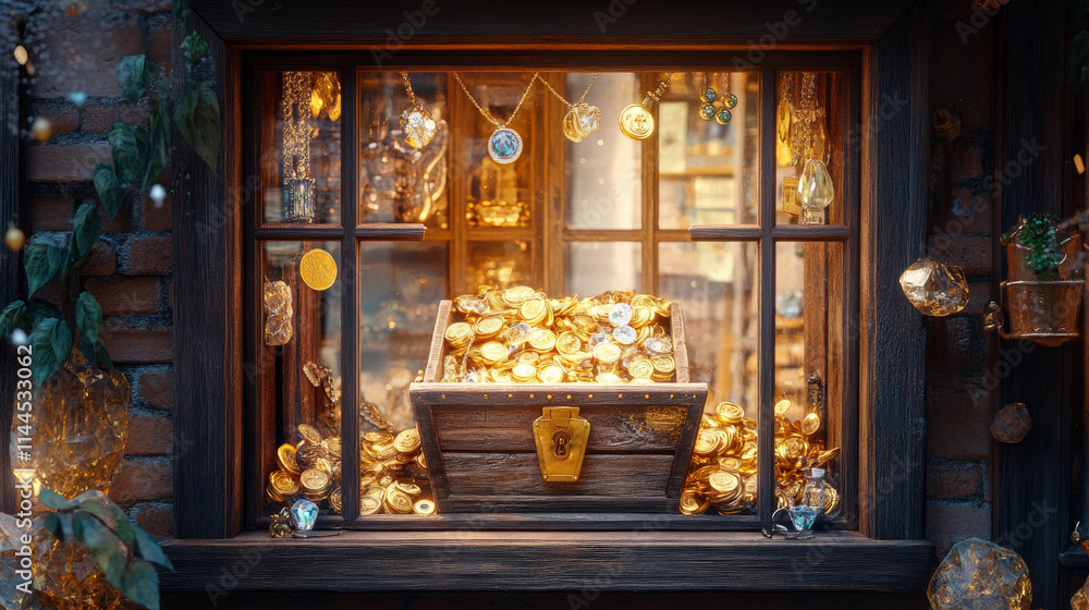 Empty shop window with diamonds and gold jewelry treasure in chest for game ui design. Cartoon vector set of store wooden cabinet with shelves and canopy surrounded by golden coins and gem crystals. Empty shop window with diamonds and gold jewelry treasure in chest for game ui design. Cartoon vector set of store wooden cabinet with shelves and canopy surrounded by golden coins and gem crystals.