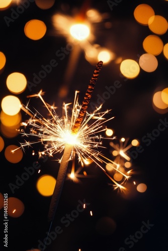 Sparkler shines brightly in a dark night, illuminating the festive atmosphere...