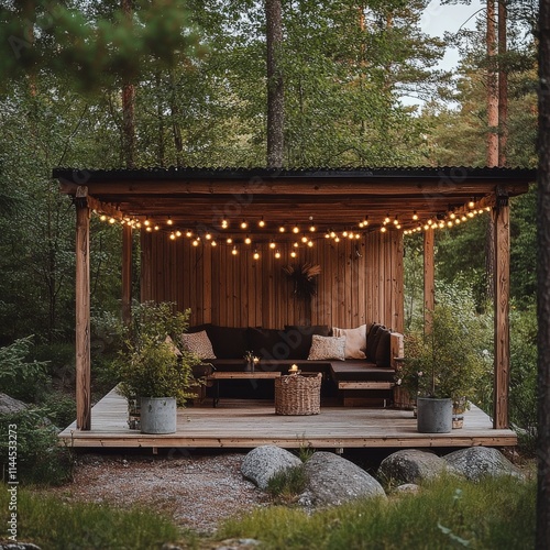 Cozy outdoor lounge area decorated with string lights and surrounded by lush ...