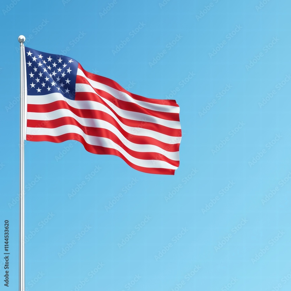 Fototapeta premium American Flag Waving Proudly Against Clear Blue Sky in Bright Daylight