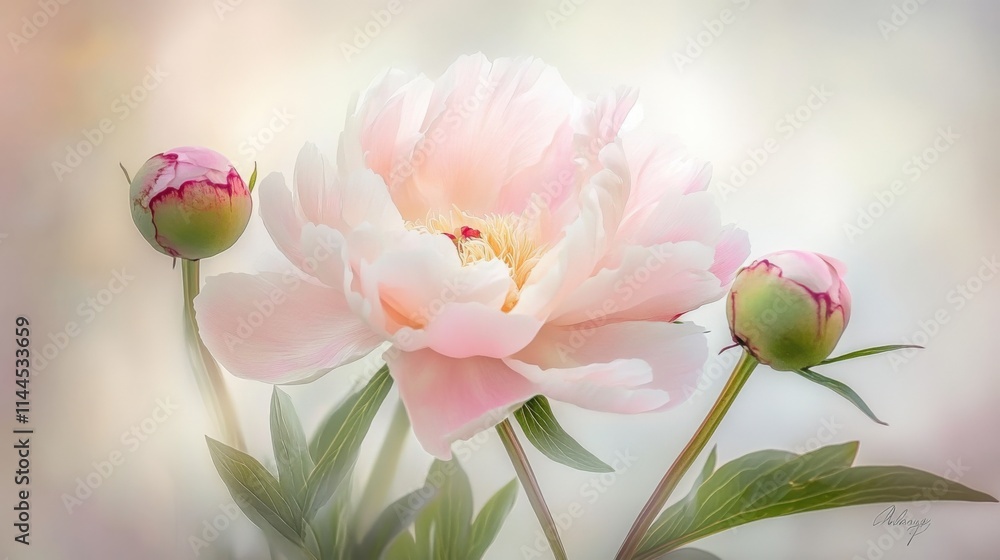Naklejka premium close-up of a pink peony flower with buds on a soft background