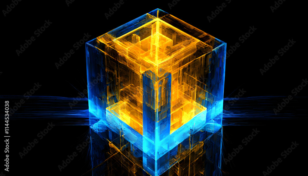 3D Abstract realistic illustration of neon light featuring yellow and blue cube. 3D Abstract realistic illustration of neon light featuring yellow and blue cube.