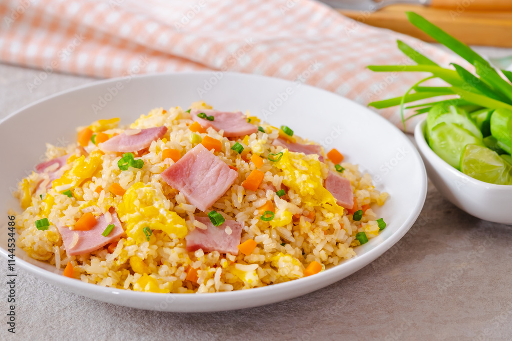 Fried rice with ham pork on white plate Fried rice with ham pork on white plate