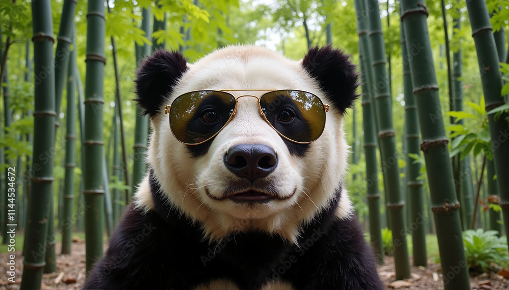 Fototapeta premium Cool panda wearing sunglasses in bamboo forest, copy space, trendy animal photography