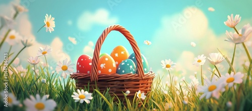 Colorful Easter eggs in a woven basket on a sunny day surrounded by blooming ...