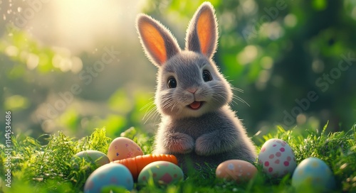 Cute bunny happily surrounded by colorful Easter eggs in a sunny garden durin...