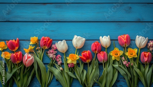 Colorful arrangement of tulips and daffodils on blue wooden background showca...