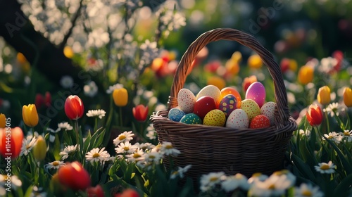 Colorful Easter eggs arranged in a basket surrounded by blooming flowers in a...