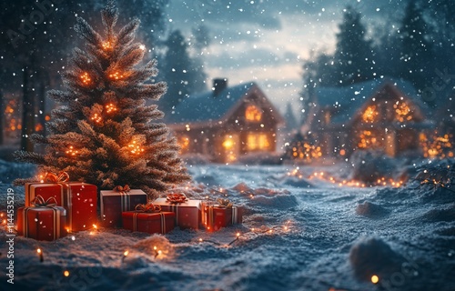 Festive winter evening with snow falling on a charming village adorned with C...