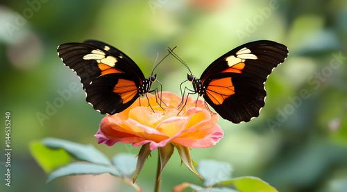 Two vibrant butterflies perched on a blooming rose, showcasing nature's beauty in a serene garden setting.