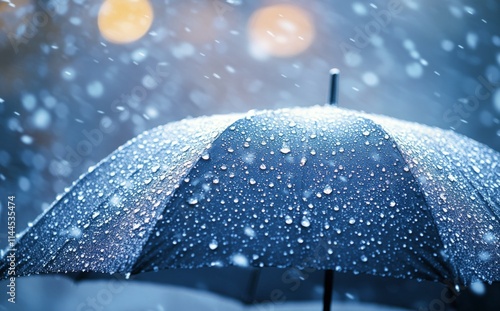 Close-up of a black umbrella with water droplets during a rainy day, capturin...