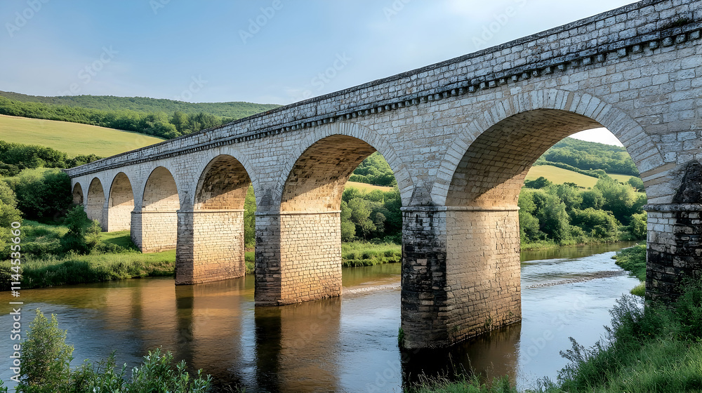 Fototapeta premium Scottish Highlands Stone Bridge with rolling hills and river views, classic European retreat