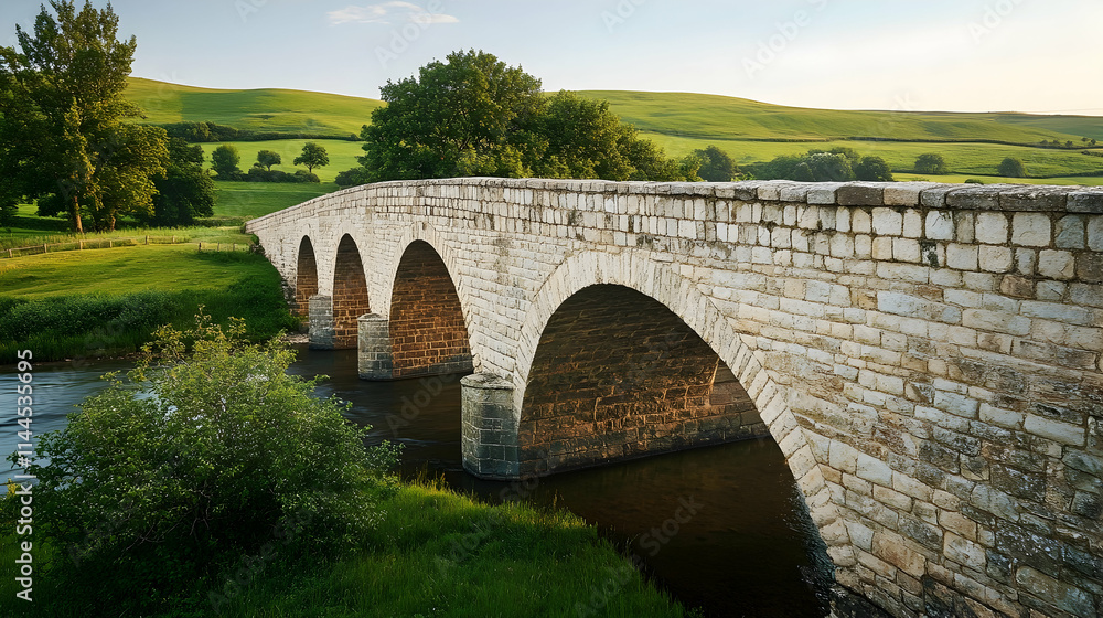 Fototapeta premium Scottish Highlands Stone Bridge with rolling hills and river views, classic European retreat