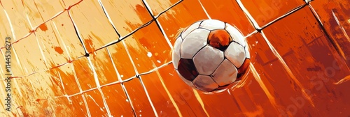 Soccer ball strikes the net during a sunset match in a stadium filled with ch...
