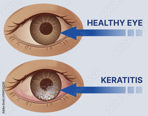 Keratitis. Inflammation of the cornea. Healthcare illustration, educational illustration. Vector illustration.