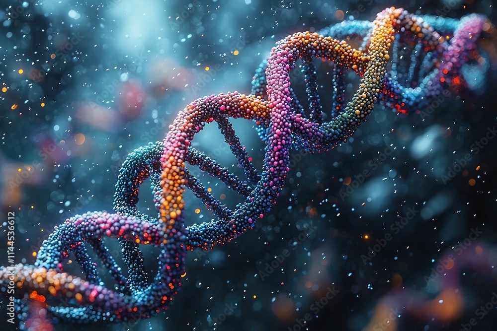 Vibrant Digital Display of Colorful Genetic Modification and DNA Strands in Futuristic Laboratory Setting Vibrant Digital Display of Colorful Genetic Modification and DNA Strands in Futuristic Laboratory Setting
