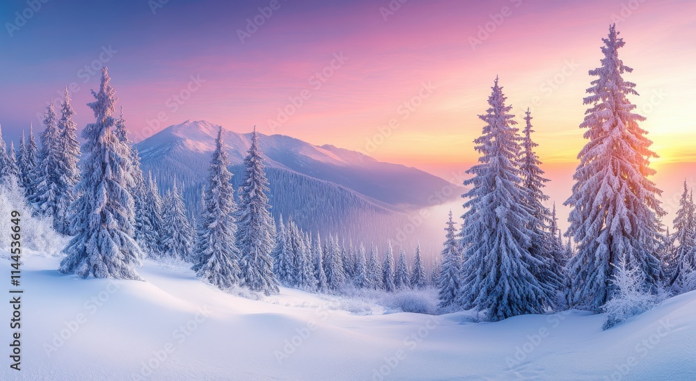 Enchanting Snowy Landscape at Dawn with Snow-Covered Trees and Majestic Mountain Range Under a Colorful Sky Enchanting Snowy Landscape at Dawn with Snow-Covered Trees and Majestic Mountain Range Under a Colorful Sky