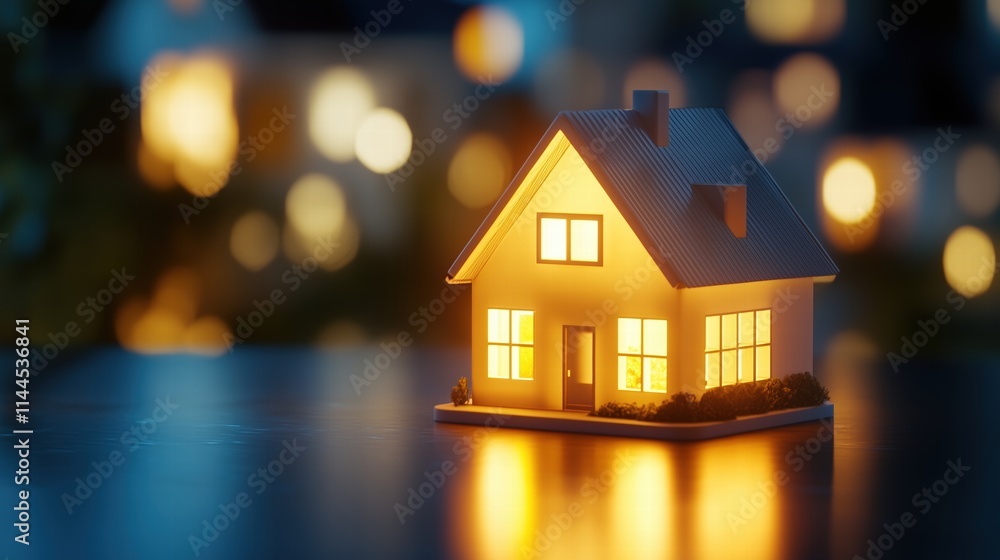 Miniature house with glowing windows on a dark reflective surface. home warmth and security Miniature house with glowing windows on a dark reflective surface. home warmth and security