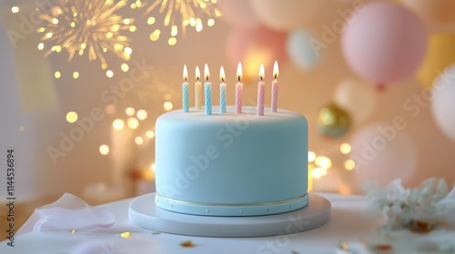 Colorful birthday cake with candles and festive decorations glowing brightly ...