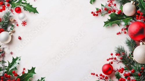 Elegant Christmas border with mistletoe and ornaments for festive decoration. Generative AI photo