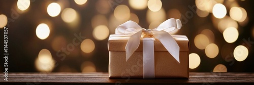 Beautifully wrapped gift box with a bow sitting on a wooden table against a b...