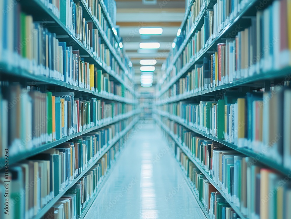 Expansive View of Bookshelves in a Modern Library, Rows of Colorful Books in Perfectly Organized Shelves, Illuminated Aisle Surrounded by Knowledge and Learning Expansive View of Bookshelves in a Modern Library, Rows of Colorful Books in Perfectly Organized Shelves, Illuminated Aisle Surrounded by Knowledge and Learning