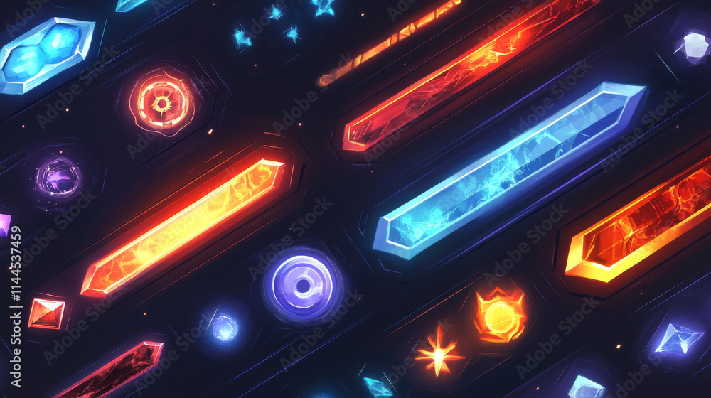 Game progress bars vector set, ui cartoon interface design elements, power, life or health, magic spell, money and time with gifts assets. Status and resources scales isolated 3d illustration, icons Game progress bars vector set, ui cartoon interface design elements, power, life or health, magic spell, money and time with gifts assets. Status and resources scales isolated 3d illustration, icons
