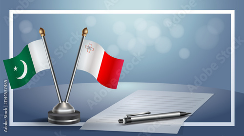 Pakistan and Malta National flags on small table with bokeh background, cooperative relationship