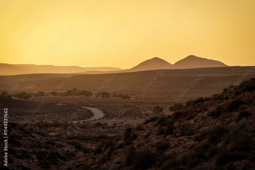 Sahara Desert Sunset and Road in Tunesia