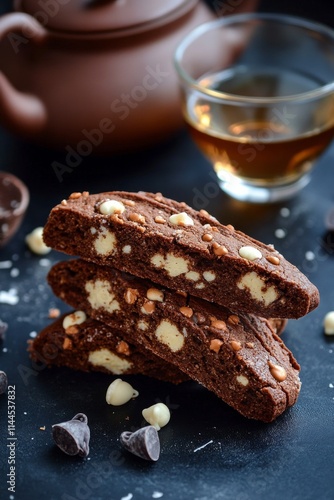 Delicious chocolate biscotti with hazelnuts served alongside a warm cup of te...