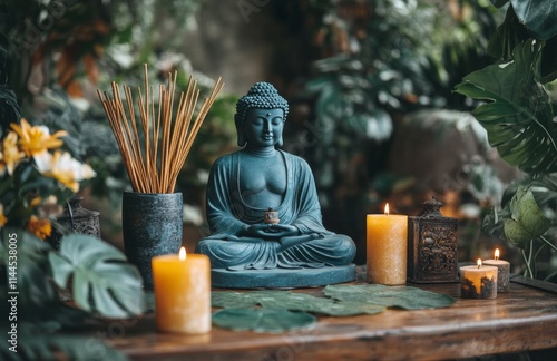Serenity is captured in a calm arrangement featuring a buddha statue, candles...