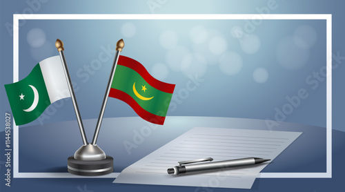 Pakistan and Mauritania National flags on small table with bokeh background, cooperative relationship