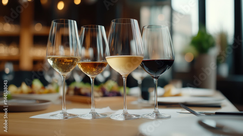 Wine tasting event at a modern restaurant featuring various glasses of wine and gourmet dishes on a beautifully set table