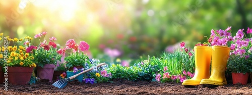 Bright garden scene with colorful flowers, yellow boots, and gardening tools ...