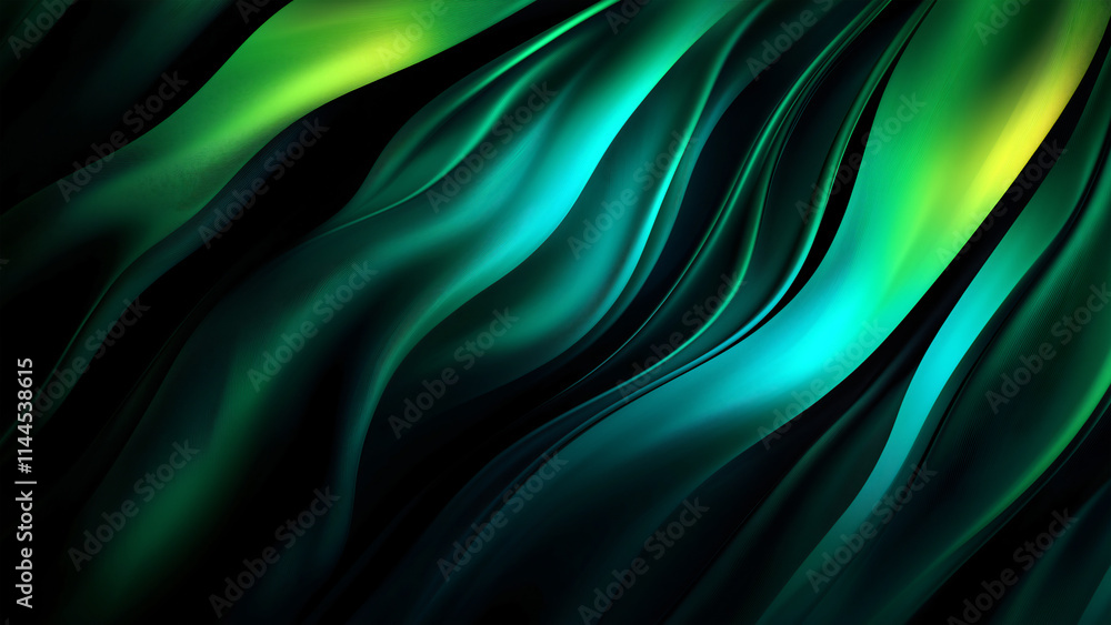 Obraz premium Abstract composition with smooth, curved green and blue waves against a dark gradient, featuring soft glowing effects and blurred edges that create a visually engaging design.