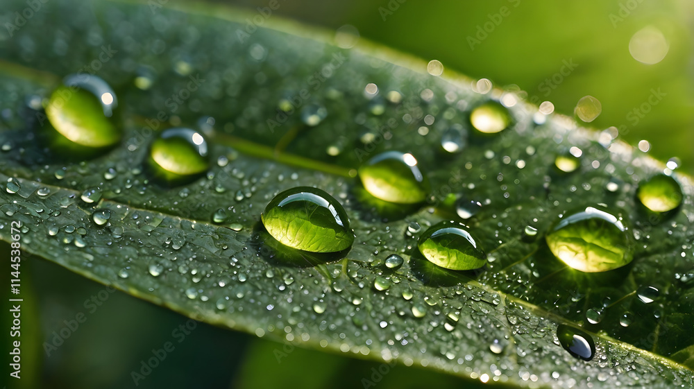 high-resolution close-up of dew drops on a green leaf at sunrise high-resolution close-up of dew drops on a green leaf at sunrise