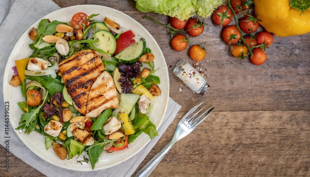 Fresh and Healthy Salad with Grilled Chicken and Mixed Vegetables on a Wooden Table Fresh and Healthy Salad with Grilled Chicken and Mixed Vegetables on a Wooden Table