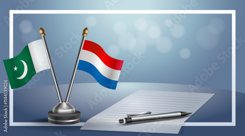Pakistan and Netherlands National flags on small table with bokeh background, cooperative relationship