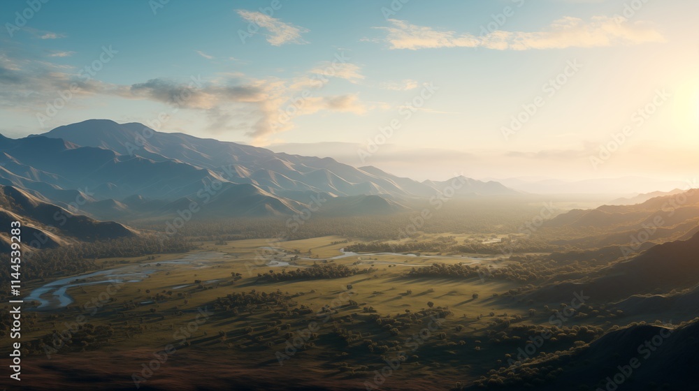 A mountain valley with golden hour lighting, space on the right for text,generative ai illustration A mountain valley with golden hour lighting, space on the right for text,generative ai illustration