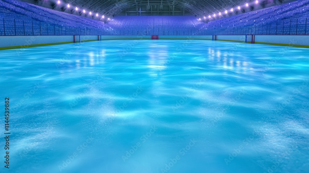 Obraz premium Empty Ice Hockey Rink Stadium Blue Seats Cinematic Lighting 4K