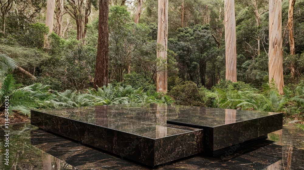 Modern structure in a serene forest setting. Modern structure in a serene forest setting.