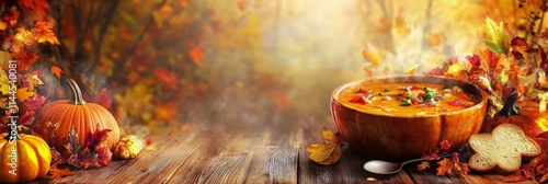 Warm autumn soup served in a rustic wooden bowl with fresh bread slices and d...