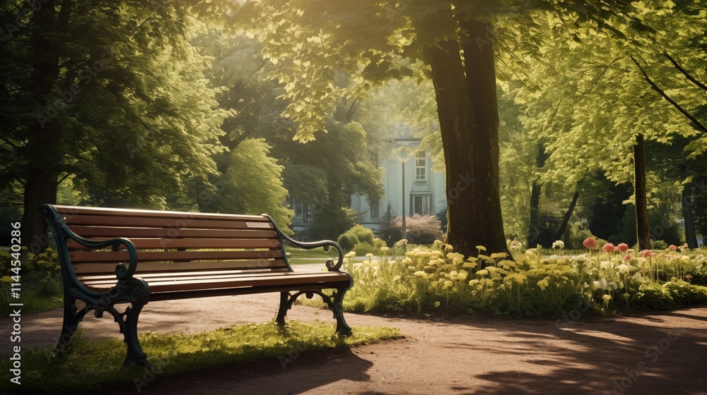 A peaceful park in the afternoon with studio lighting, space on the right for text,generative ai illustration A peaceful park in the afternoon with studio lighting, space on the right for text,generative ai illustration