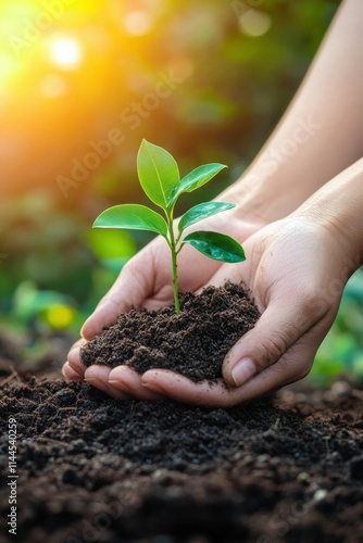 Hands planting a young green plant into rich soil during a sunny day in a gar...