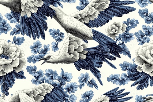 hyper realistic photo of  vintage french blue white toile de jouy bird pattern traditional fabric seamless art , isolated on white background,  , copy space, copy space for text, photo