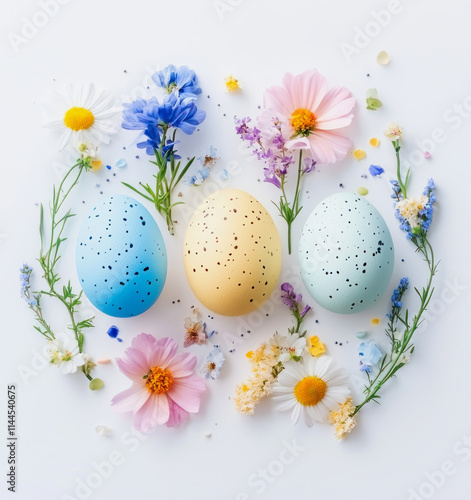 Festive Easter egg flat lay arrangement with flowers in springtime setting. Generative AI photo