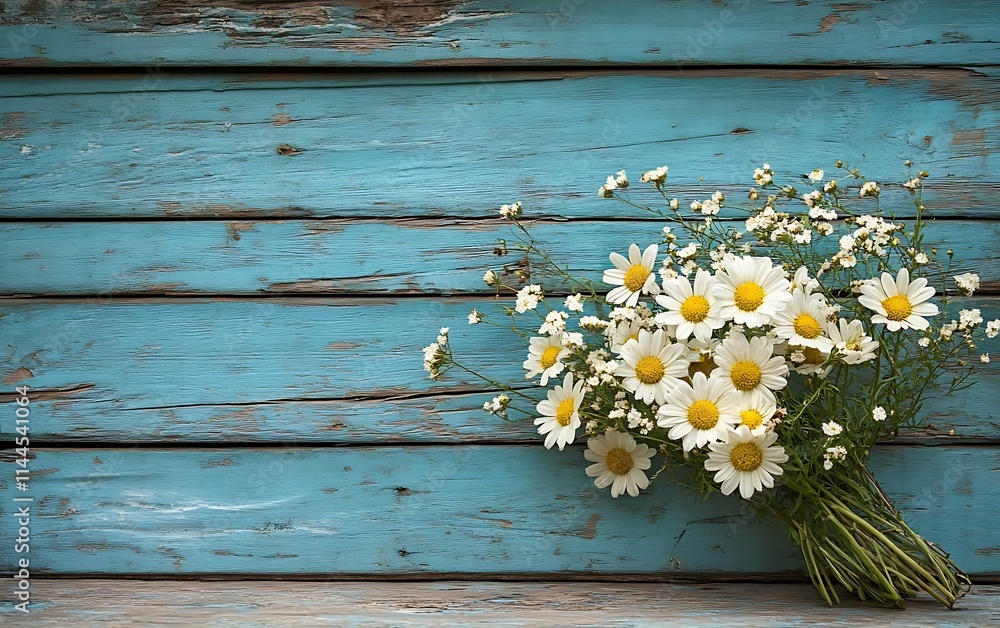 Obraz premium Rustic blue wood background with a bouquet of daisies.